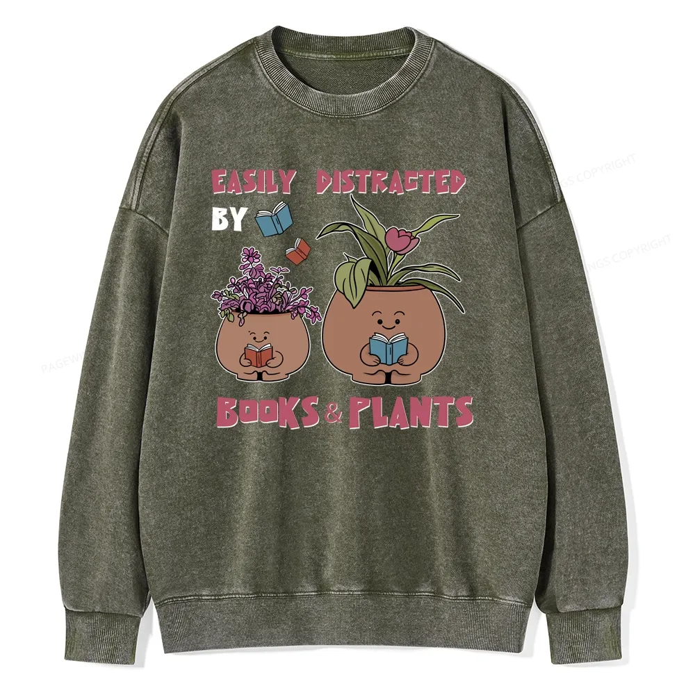 Pagewing Easily Distrafted By Books And Plants Unisex Washed Sweatshirt