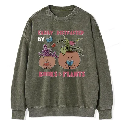 Pagewing Easily Distrafted By Books And Plants Unisex Washed Sweatshirt