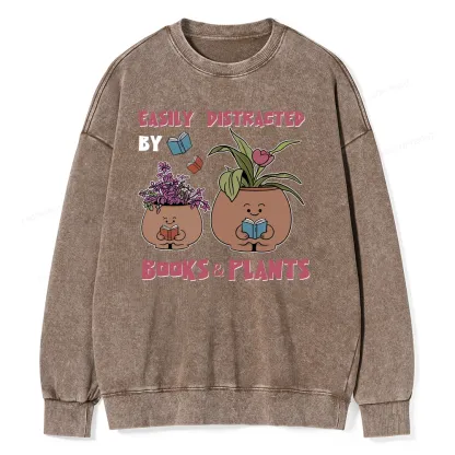 Pagewing Easily Distrafted By Books And Plants Unisex Washed Sweatshirt