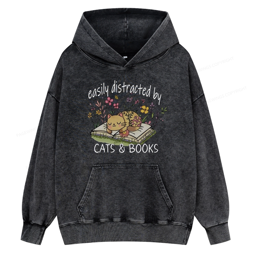 Pagewings Easily Distracted By Cats And Books Unisex Washed Hoodie