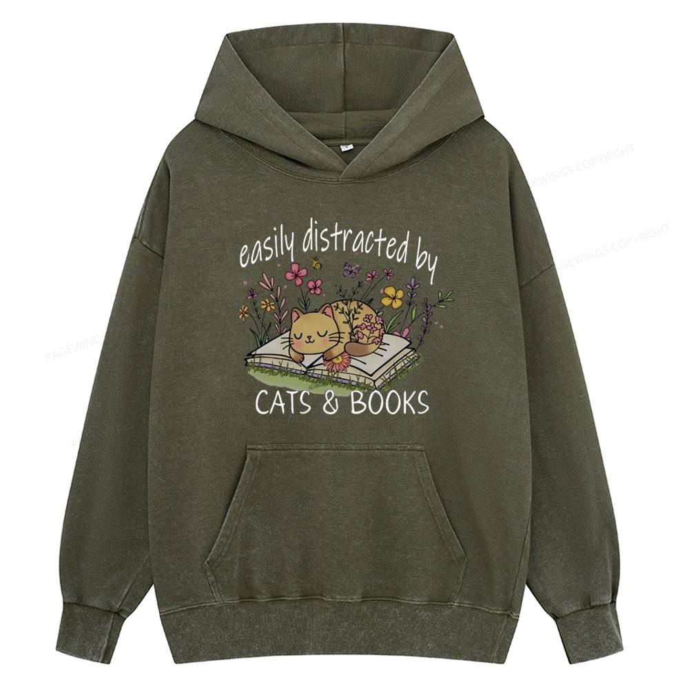 Pagewings Easily Distracted By Cats And Books Unisex Washed Hoodie
