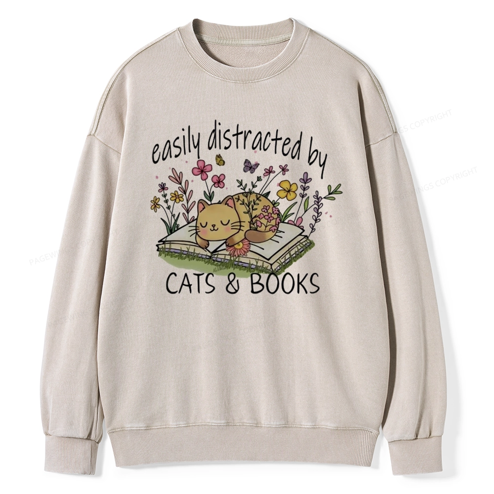 Pagewings Easily Distracted By Cats And Books Unisex Washed Sweatshirt