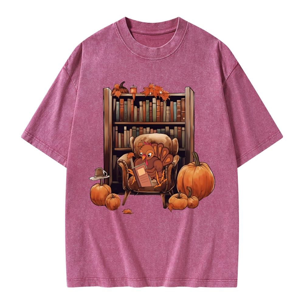 Pagewings Thanksgiving Turkey Reading Unisex Washed T-shirt