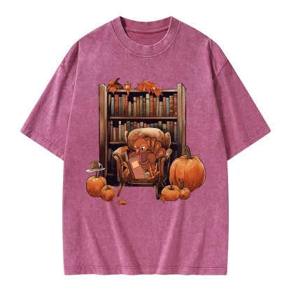 Pagewings Thanksgiving Turkey Reading Unisex Washed T-shirt