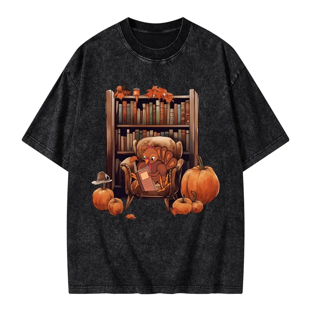 Pagewings Thanksgiving Turkey Reading Unisex Washed T-shirt
