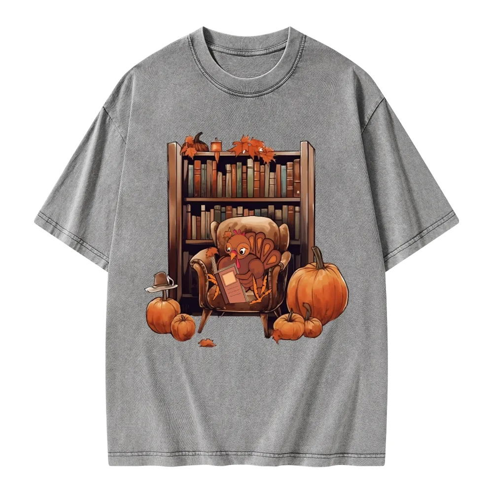Pagewings Thanksgiving Turkey Reading Unisex Washed T-shirt
