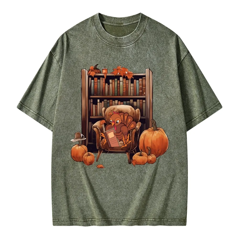 Pagewings Thanksgiving Turkey Reading Unisex Washed T-shirt