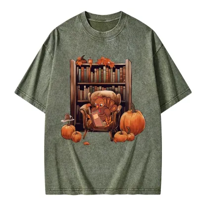 Pagewings Thanksgiving Turkey Reading Unisex Washed T-shirt
