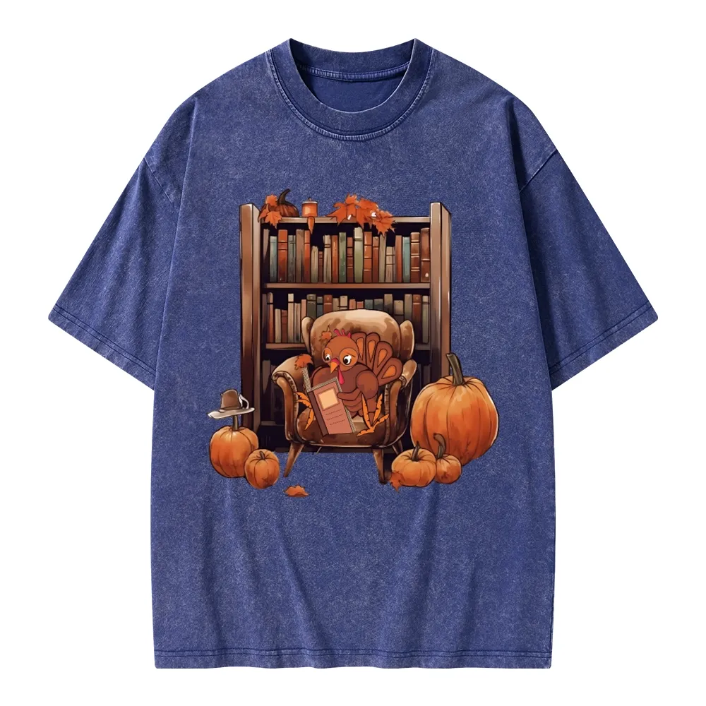 Pagewings Thanksgiving Turkey Reading Unisex Washed T-shirt