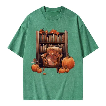 Pagewings Thanksgiving Turkey Reading Unisex Washed T-shirt