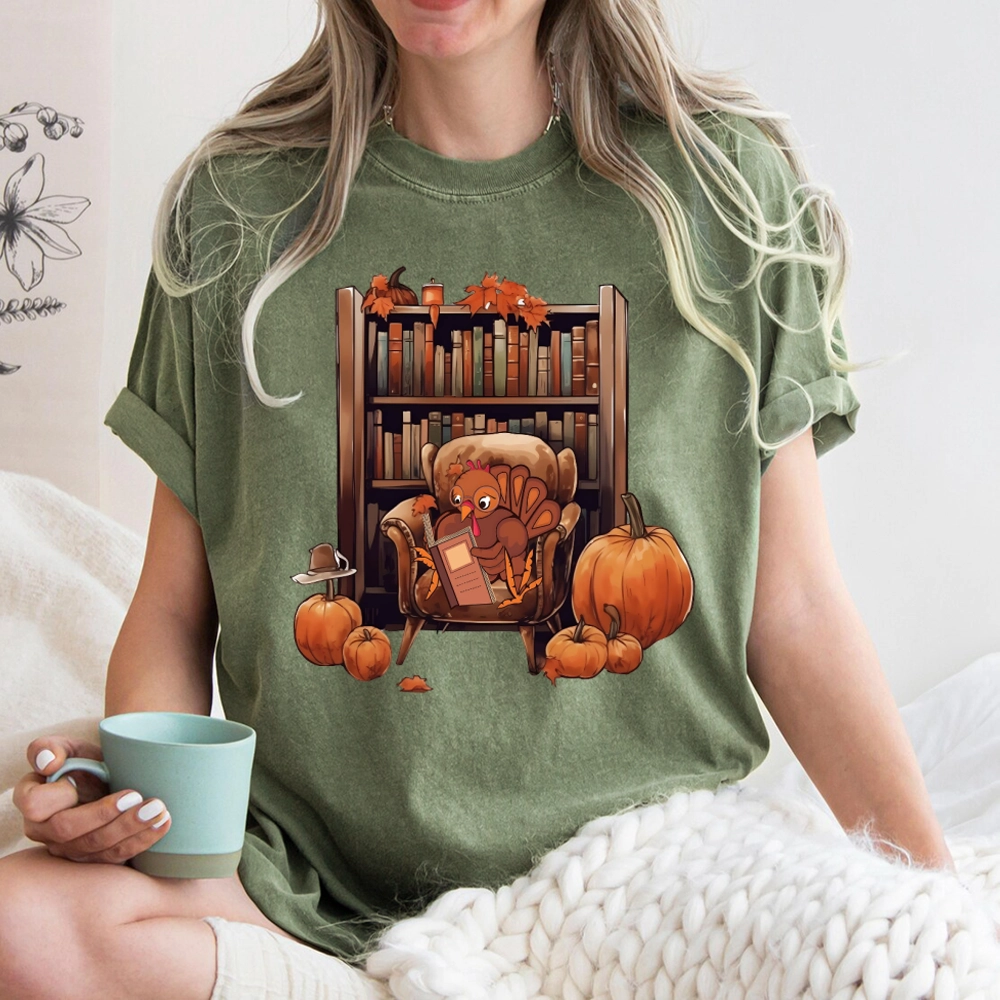 Pagewings Thanksgiving Turkey Reading Unisex Washed T-shirt