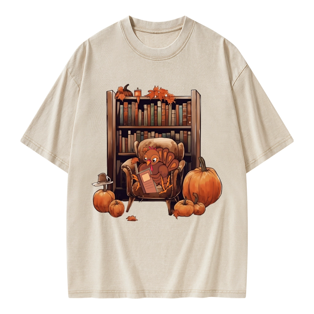 Pagewings Thanksgiving Turkey Reading Unisex Washed T-shirt