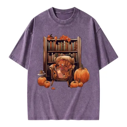 Pagewings Thanksgiving Turkey Reading Unisex Washed T-shirt
