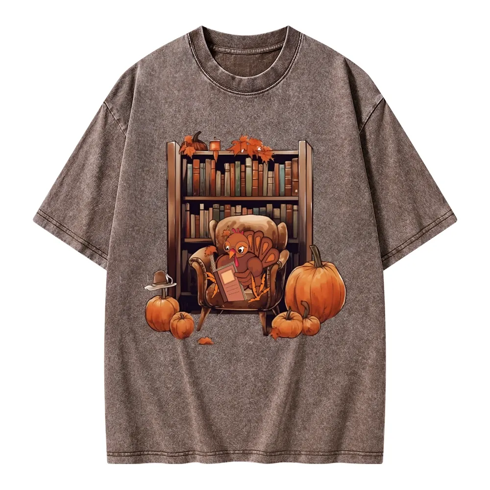 Pagewings Thanksgiving Turkey Reading Unisex Washed T-shirt