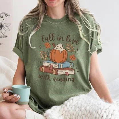 Pagewings Thanksgiving Fall in Love with Reading Unisex Washed T-shirt
