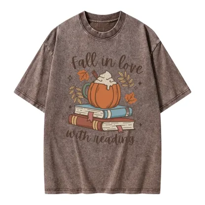Pagewings Thanksgiving Fall in Love with Reading Unisex Washed T-shirt