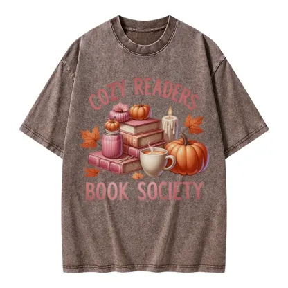 Pagewings Thanksgiving Cozy Readers Book Society Unisex Washed T-shirt