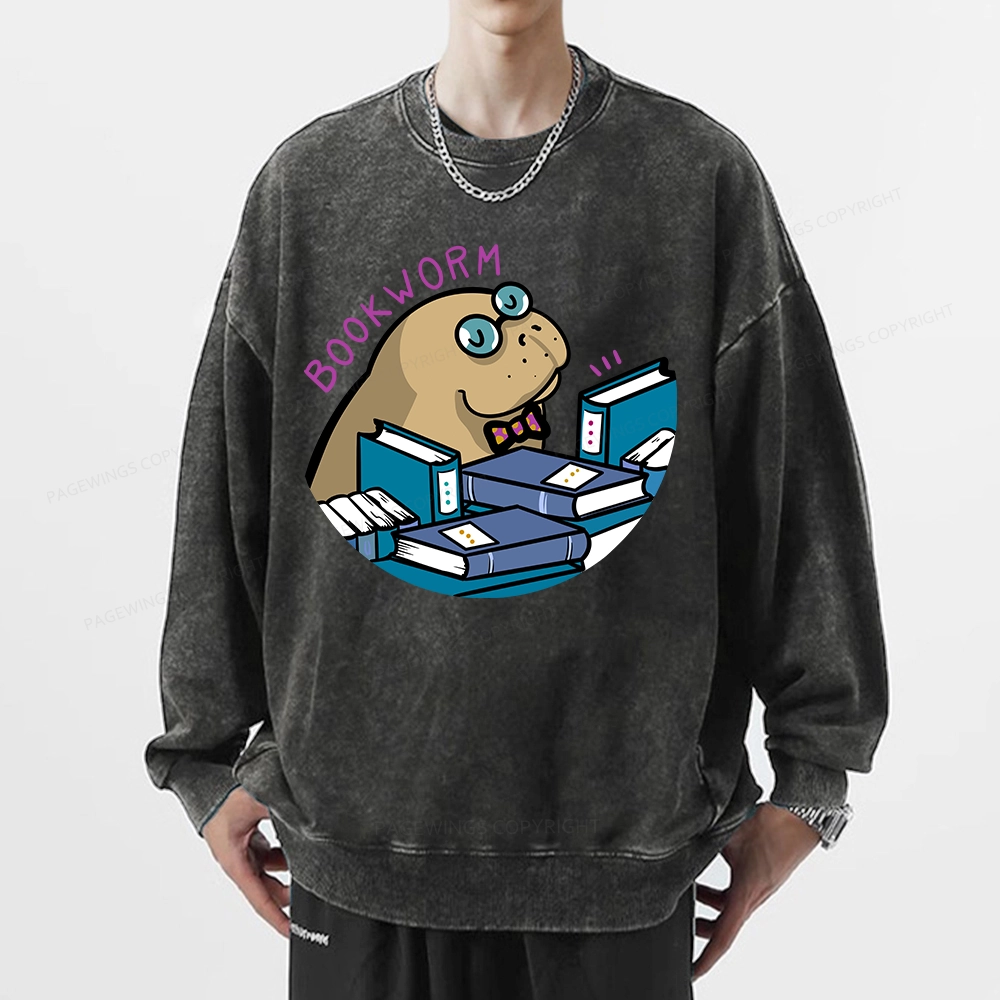 Pagewing Books Worm And Reading in Library Forever Unisex Washed Sweatshirt