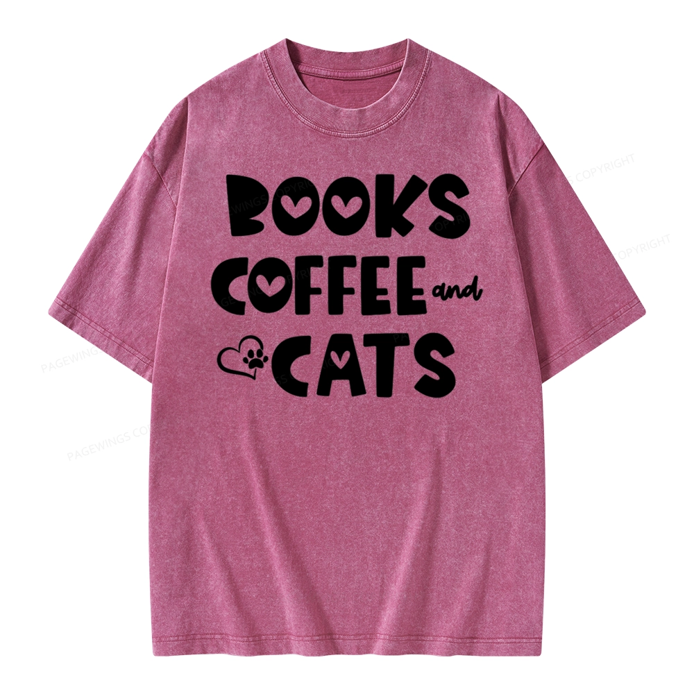 Pagewing Books Coffee and Cats Unisex Washed T-shirt