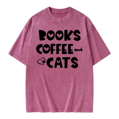 Pagewing Books Coffee and Cats Unisex Washed T-shirt