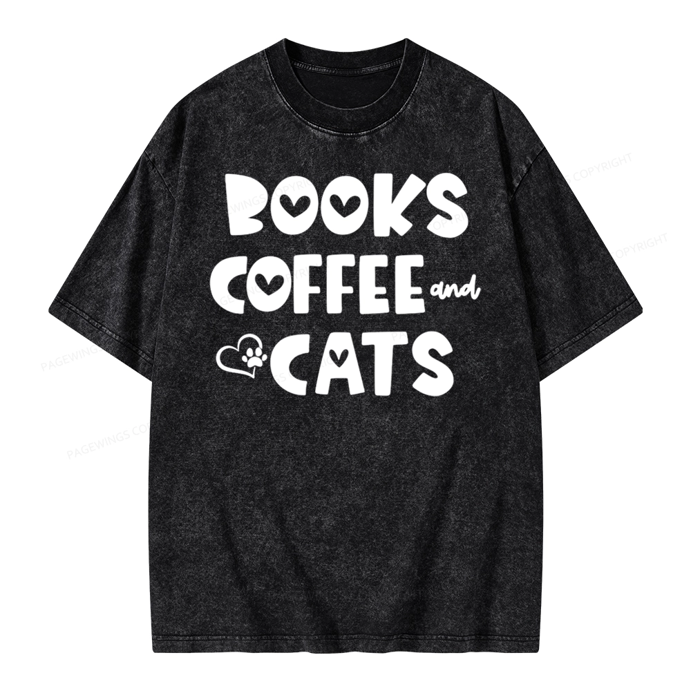 Pagewing Books Coffee and Cats Unisex Washed T-shirt