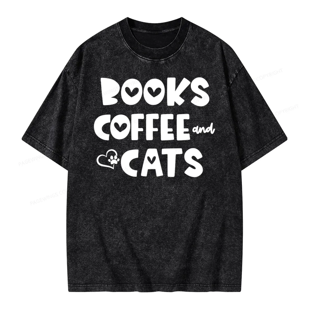 Pagewing Books Coffee and Cats Unisex Washed T-shirt