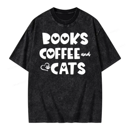Pagewing Books Coffee and Cats Unisex Washed T-shirt