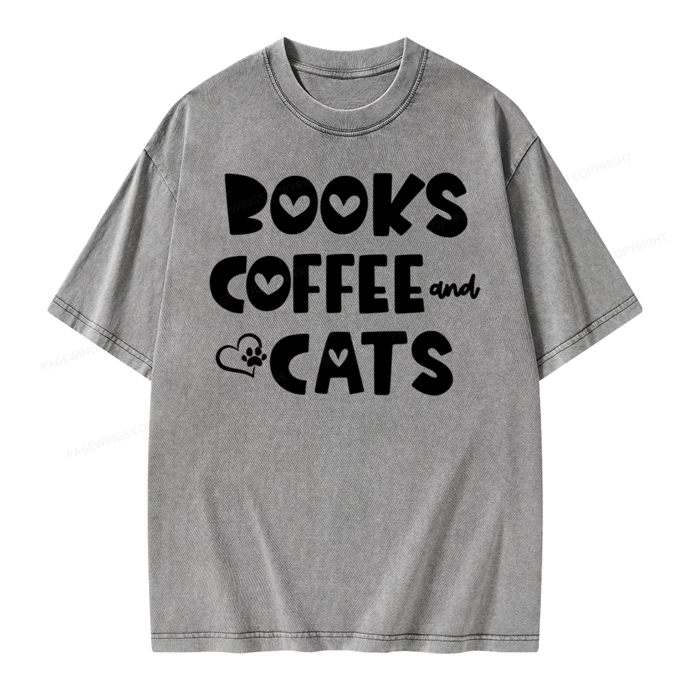 Pagewing Books Coffee and Cats Unisex Washed T-shirt