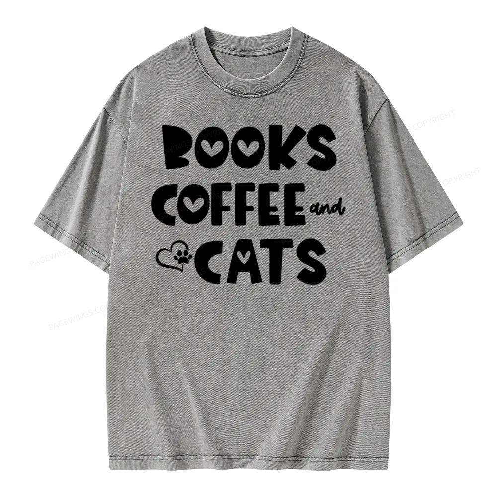 Pagewing Books Coffee and Cats Unisex Washed T-shirt