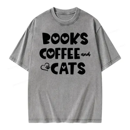 Pagewing Books Coffee and Cats Unisex Washed T-shirt