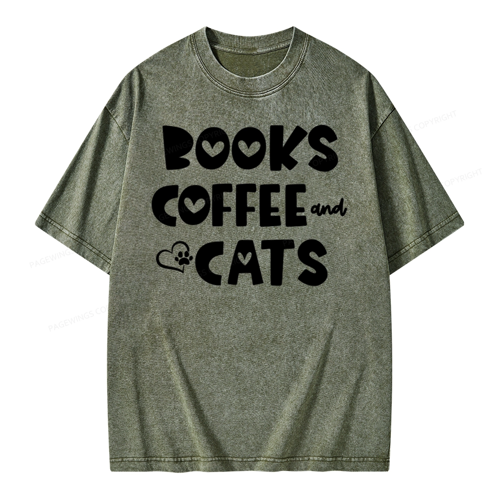 Pagewing Books Coffee and Cats Unisex Washed T-shirt