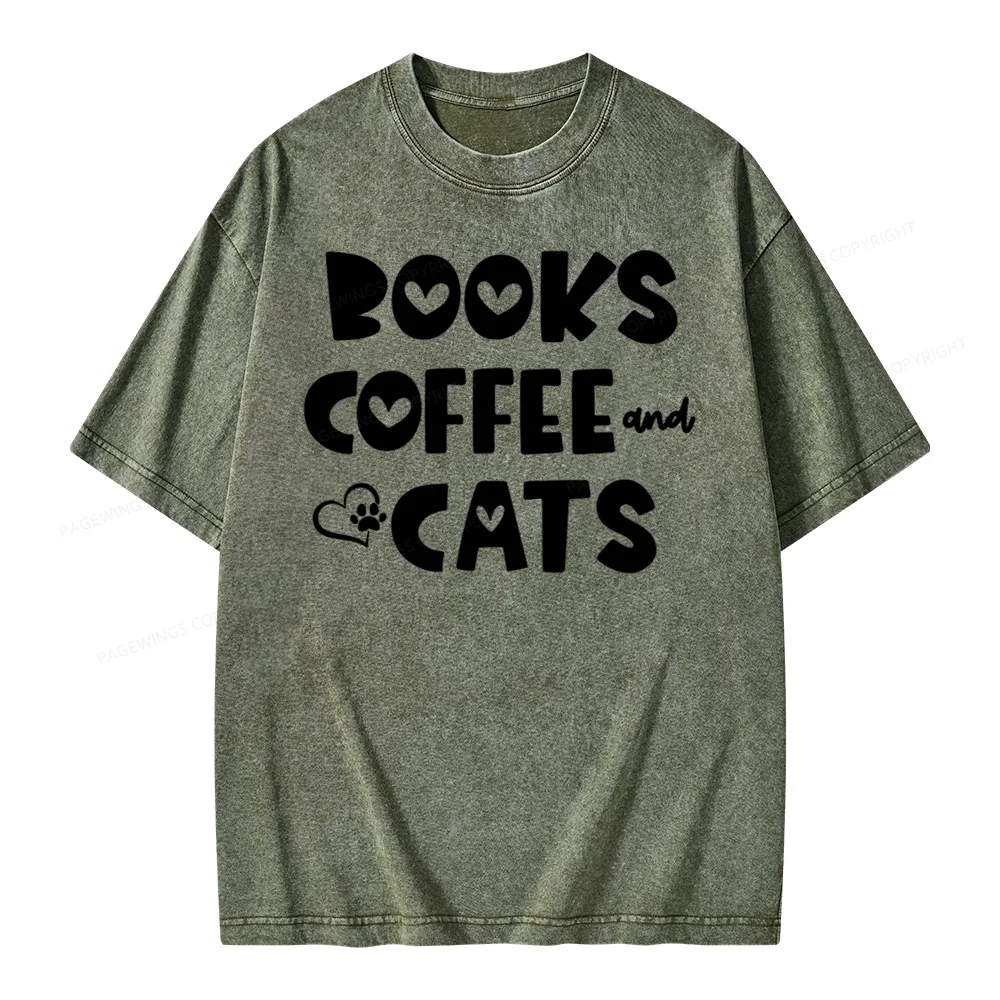 Pagewing Books Coffee and Cats Unisex Washed T-shirt