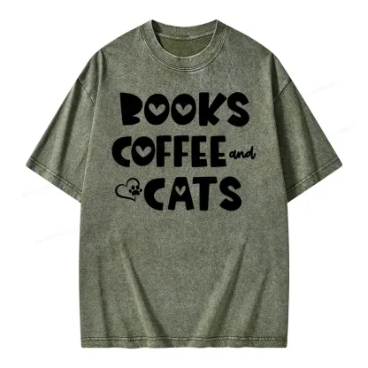Pagewing Books Coffee and Cats Unisex Washed T-shirt
