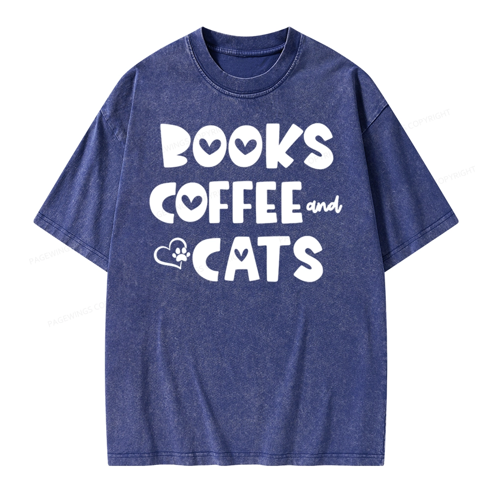 Pagewing Books Coffee and Cats Unisex Washed T-shirt