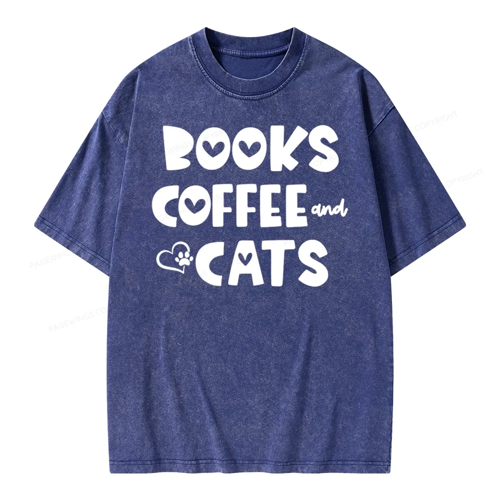Pagewing Books Coffee and Cats Unisex Washed T-shirt