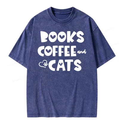 Pagewing Books Coffee and Cats Unisex Washed T-shirt