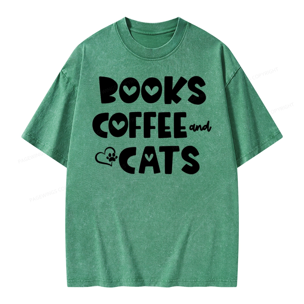 Pagewing Books Coffee and Cats Unisex Washed T-shirt