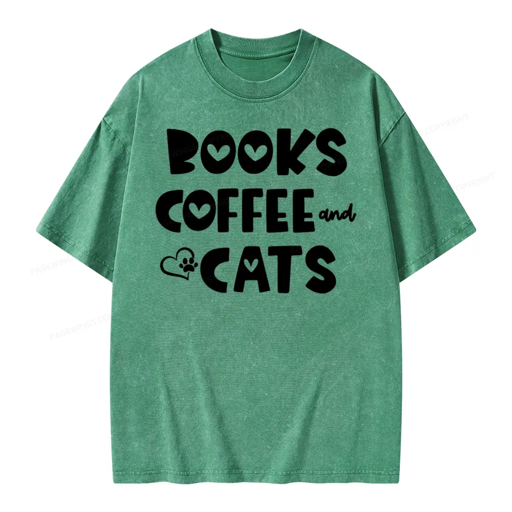 Pagewing Books Coffee and Cats Unisex Washed T-shirt