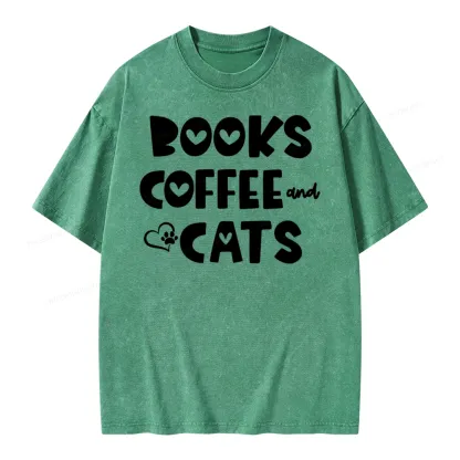 Pagewing Books Coffee and Cats Unisex Washed T-shirt