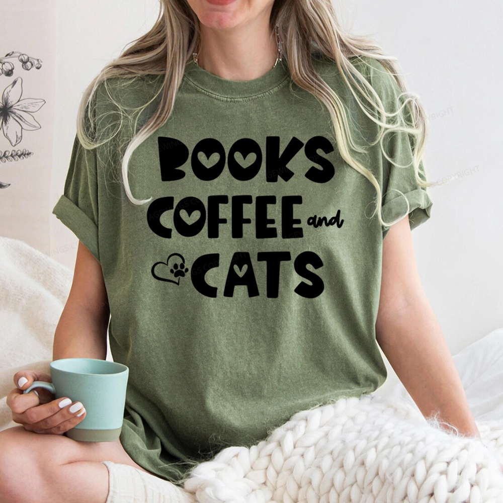 Pagewing Books Coffee and Cats Unisex Washed T-shirt