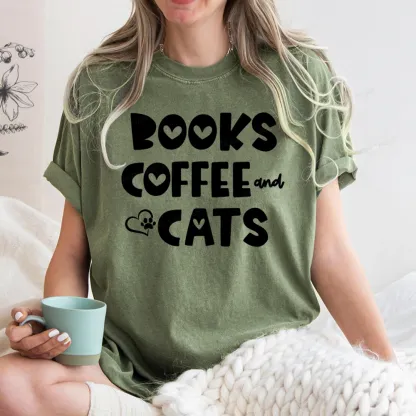 Pagewing Books Coffee and Cats Unisex Washed T-shirt