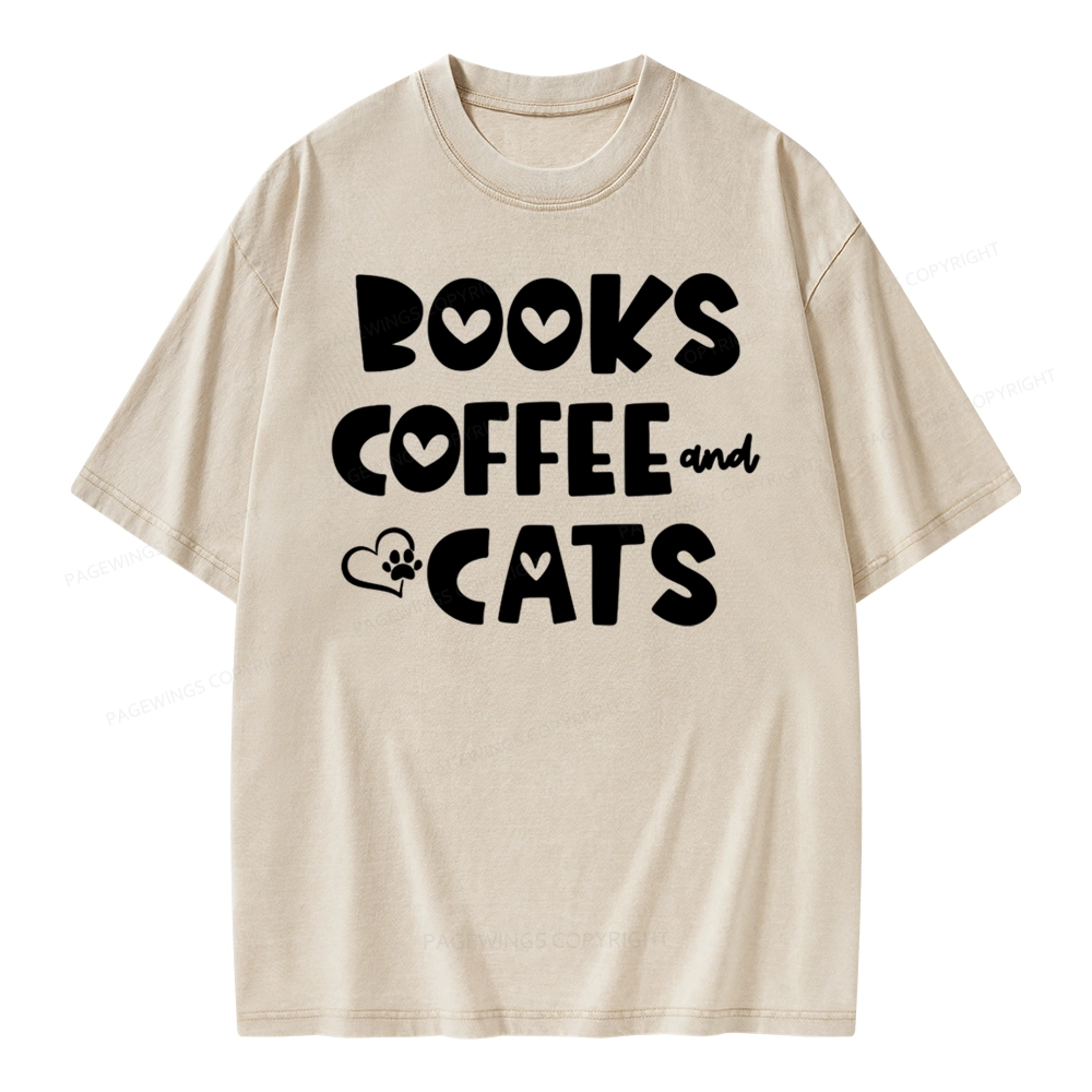 Pagewing Books Coffee and Cats Unisex Washed T-shirt