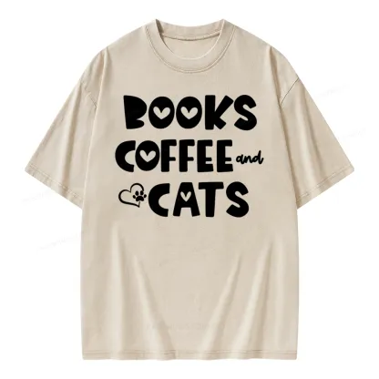 Pagewing Books Coffee and Cats Unisex Washed T-shirt