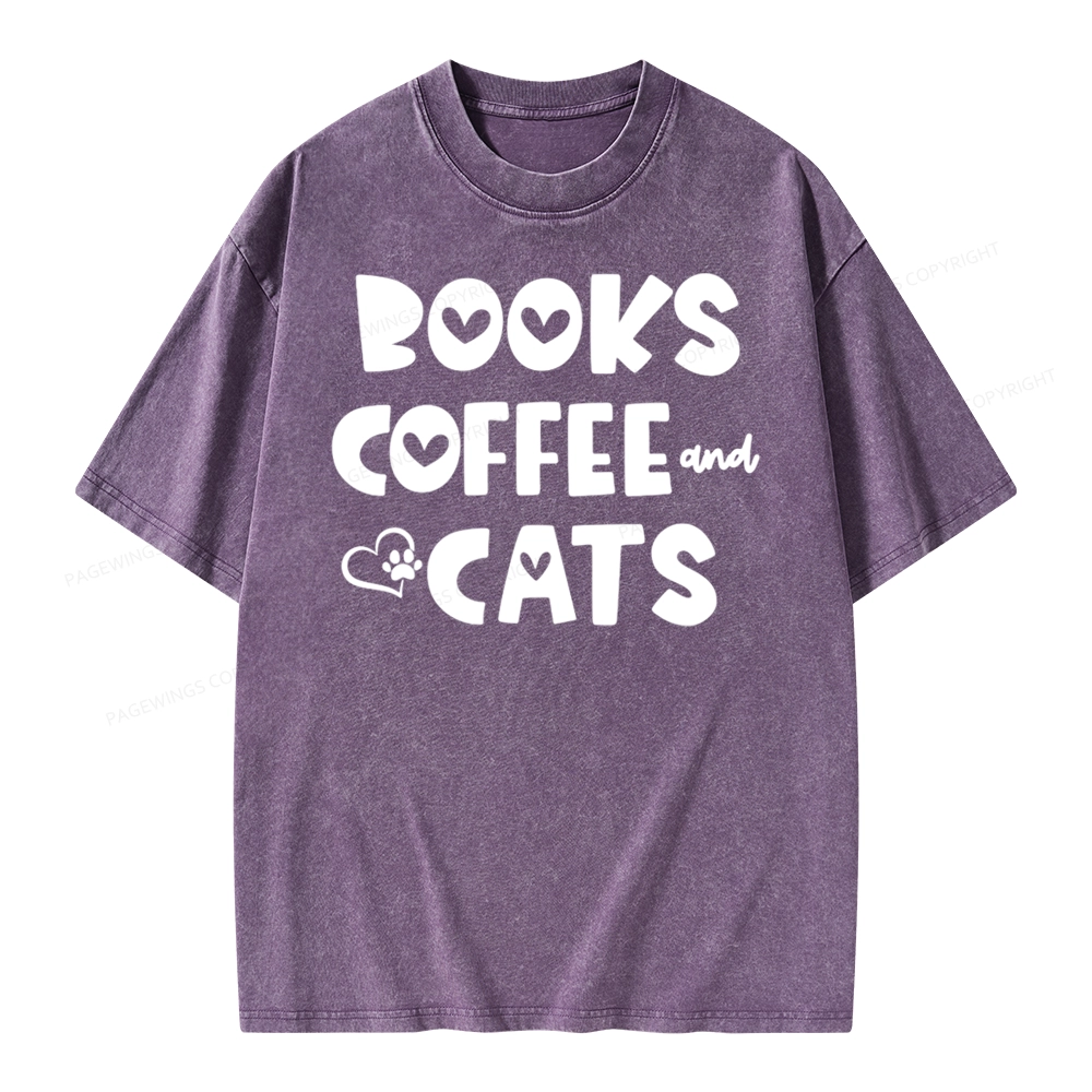 Pagewing Books Coffee and Cats Unisex Washed T-shirt