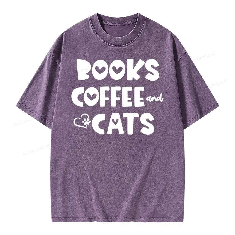 Pagewing Books Coffee and Cats Unisex Washed T-shirt