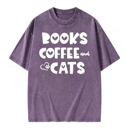 Pagewing Books Coffee and Cats Unisex Washed T-shirt