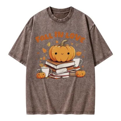 Pagewings Thanksgiving Fall in Love with Reading Unisex Washed T-shirt