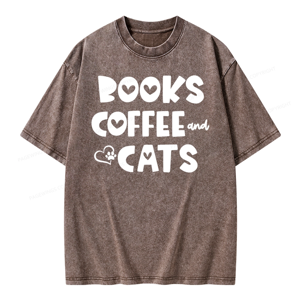 Pagewing Books Coffee and Cats Unisex Washed T-shirt