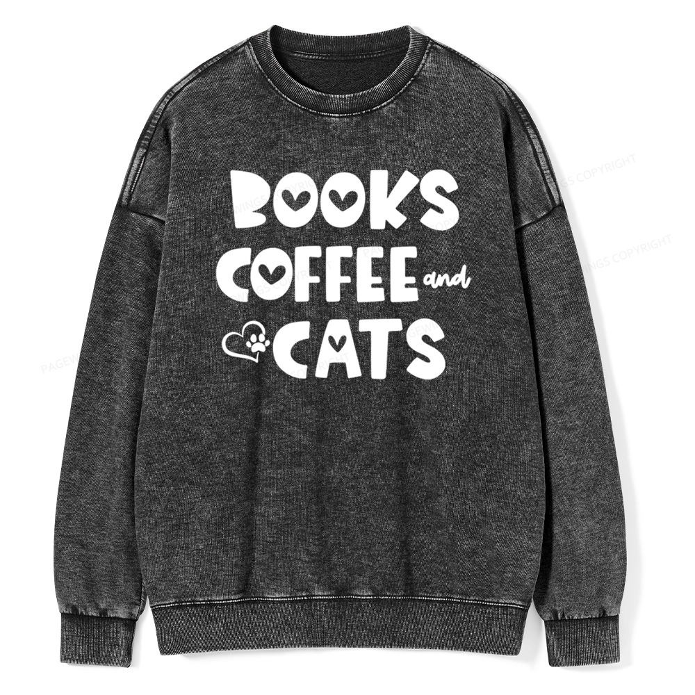 Pagewing Books Coffee and Cats Unisex Washed Sweatshirt