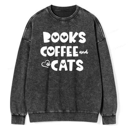 Pagewing Books Coffee and Cats Unisex Washed Sweatshirt
